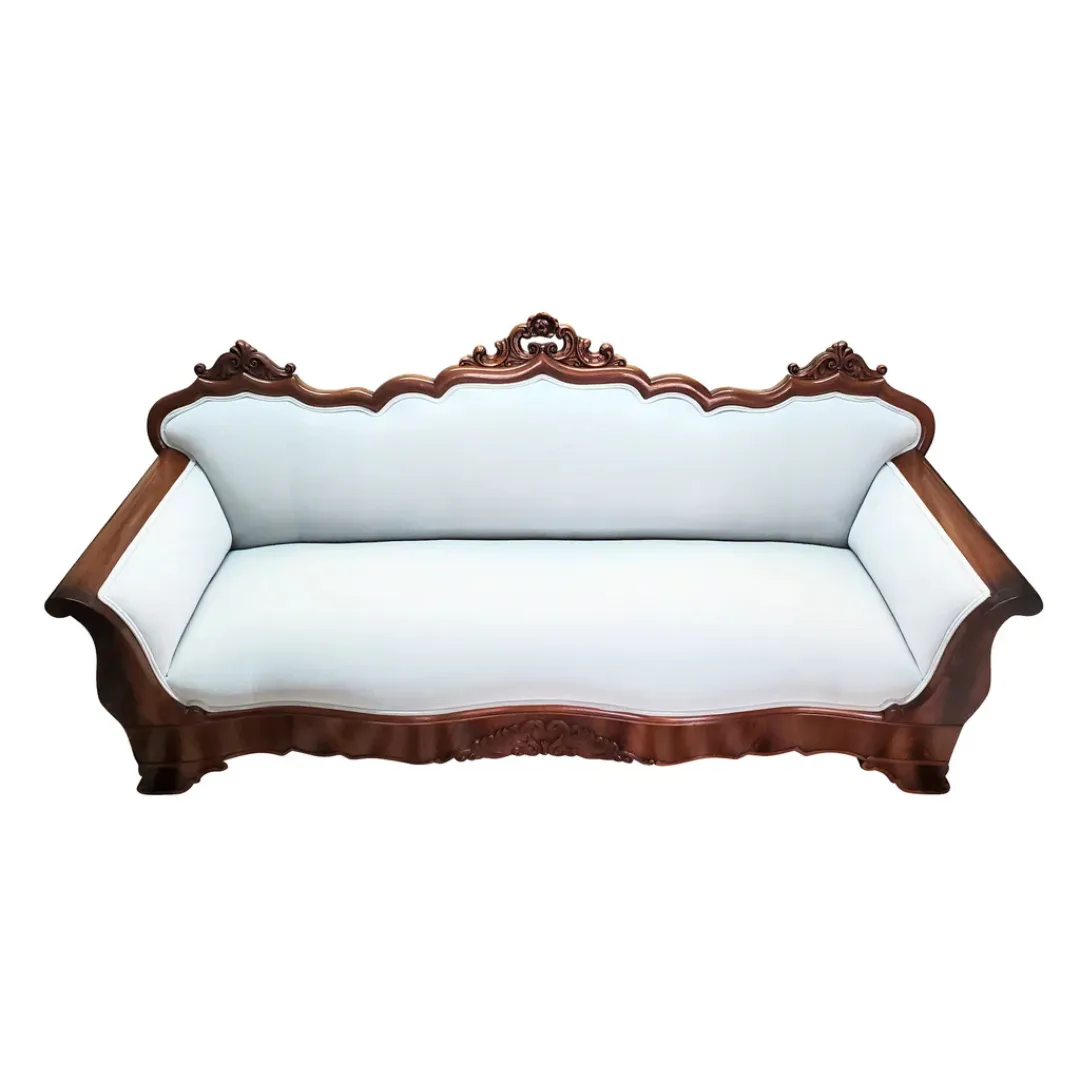 Antique Carved Sofa in Baby Blue Velvet Antique carved sofa upholstered in luxurious baby blue velvet,