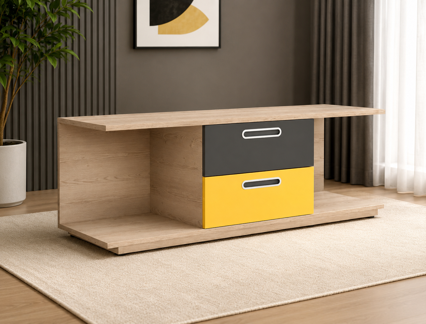 Modern Wooden TV Unit with Storage Drawers – Contemporary Entertainment Console Minimalist entertainment unit with drawers