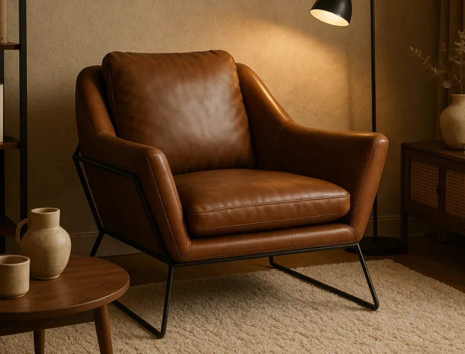 Modern upholstered armchair with cushioned seat and minimalist metal base