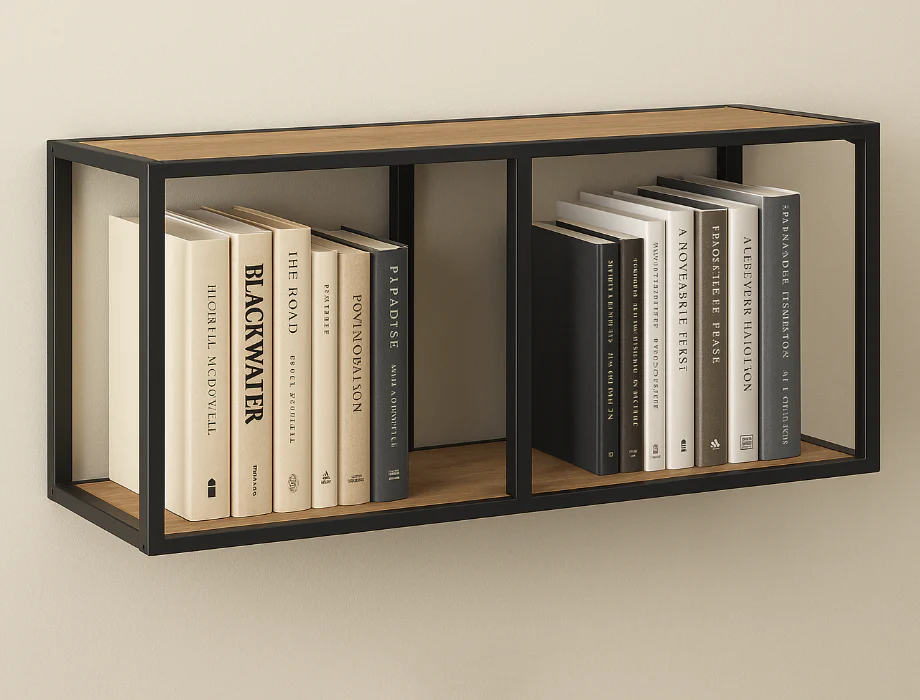 Wall-mounted wooden bookshelf with modern industrial design