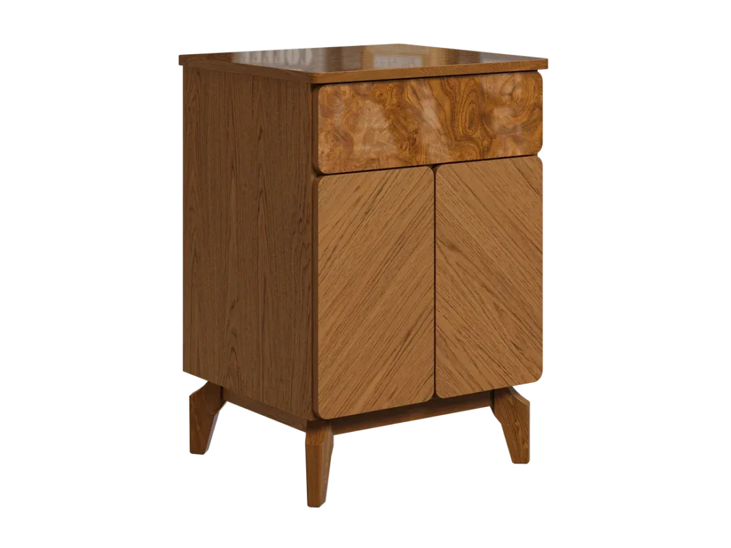 Luxury walnut bedside table with drawer and double-door cabinet beside a modern bed.