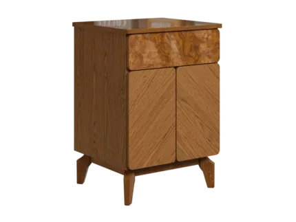 Luxury walnut bedside table with drawer and double-door cabinet beside a modern bed.
