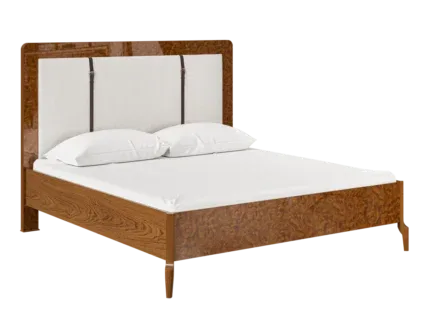 Modern wooden platform bed featuring an upholstered headboard in a luxury bedroom.