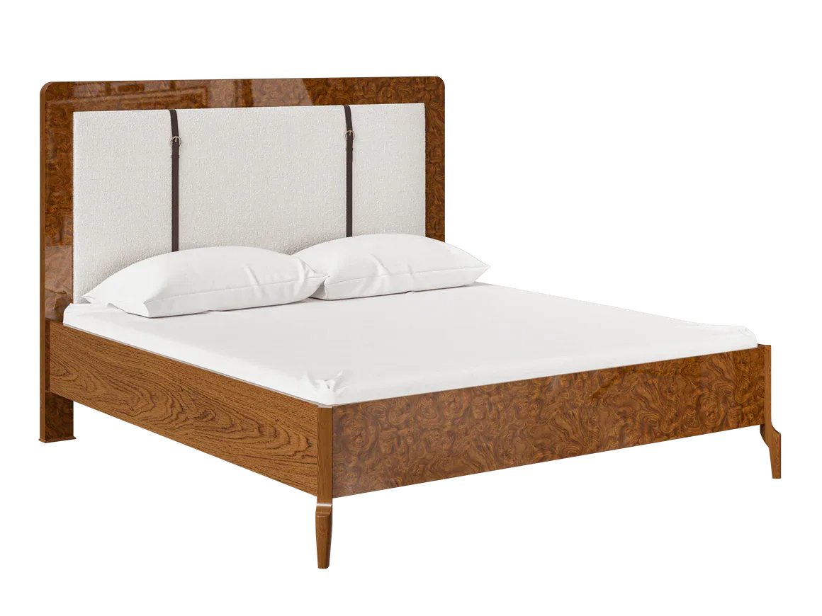 Luxury Upholstered Wooden Bed Frame | Modern Premium Bedroom Furniture Modern wooden platform bed featuring an upholstered headboard in a luxury bedroom.