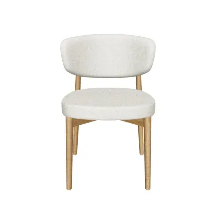 Scandinavian upholstered dining chair with a curved fabric backrest, cushioned seat, and natural solid wood frame beside a modern dining table.