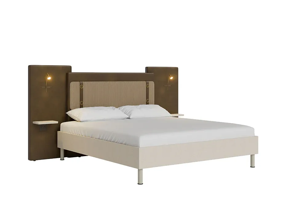 Modern upholstered platform bed with cushioned headboard and built-in reading lights.