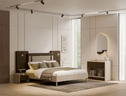 Luxury upholstered bedroom furniture with integrated reading lights and elegant décor.