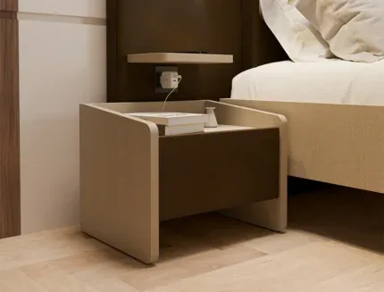Luxury wooden nightstand featuring white drawer and Scandinavian-style finish.