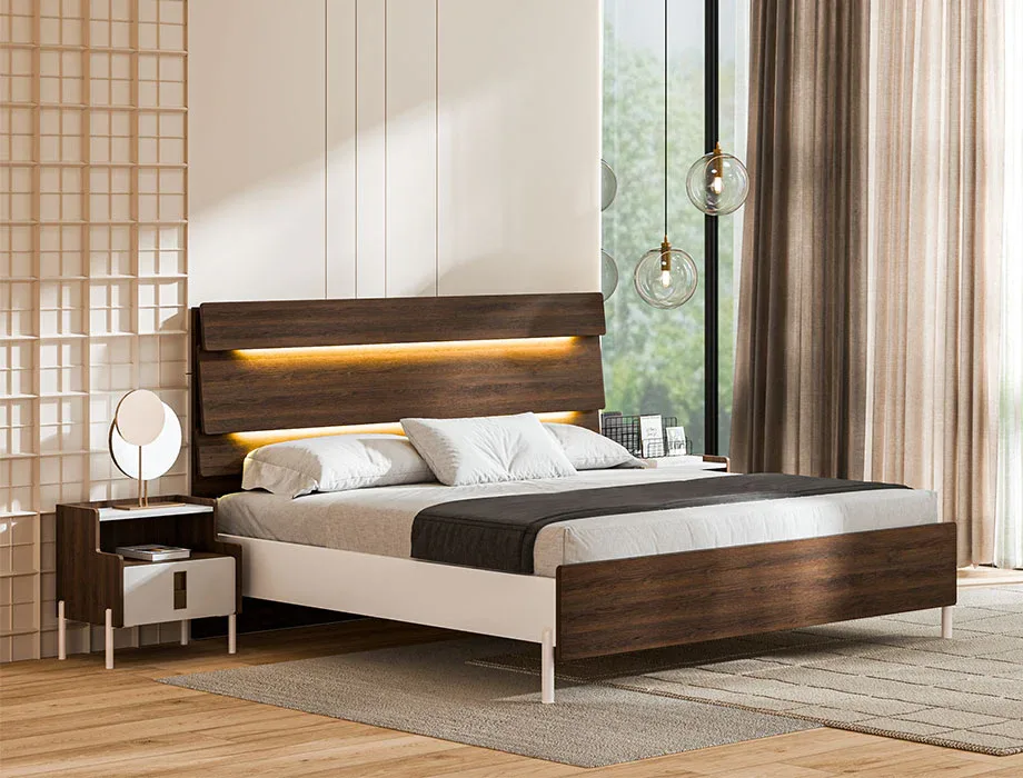 Modern LED Wooden Bed Frame | Luxury Contemporary Bedroom Furniture Luxury platform bed featuring integrated LED lighting and premium wooden finish.