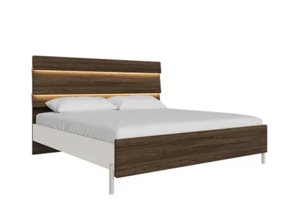 Modern LED wooden bed frame with illuminated walnut headboard in a contemporary bedroom.