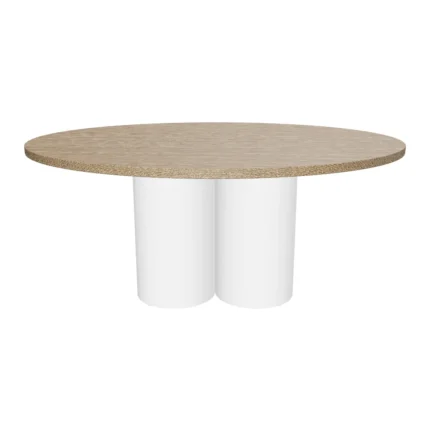 Modern round wooden coffee table with white sculptural base