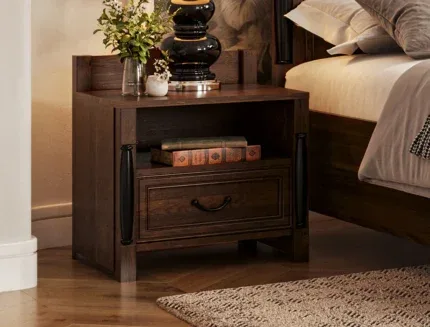 Premium walnut bedside cabinet featuring a storage drawer and open bookshelf.
