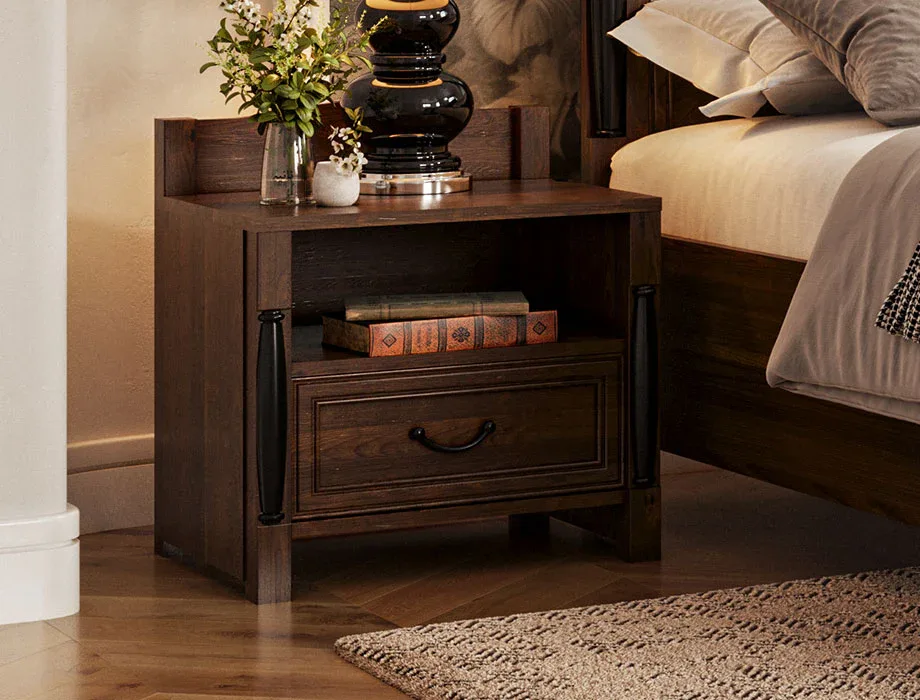 Premium walnut bedside cabinet featuring a storage drawer and open bookshelf.