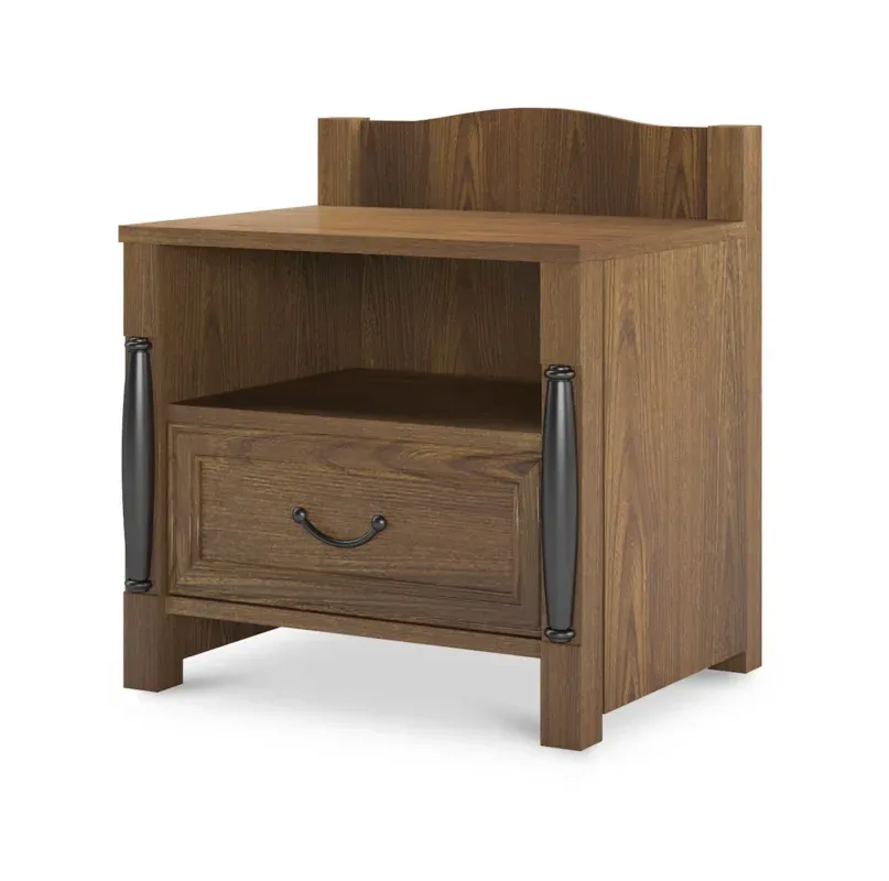 Classic wooden bedside table with drawer and open shelf in a luxury bedroom.