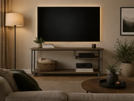 Modern industrial TV console table with open storage shelves