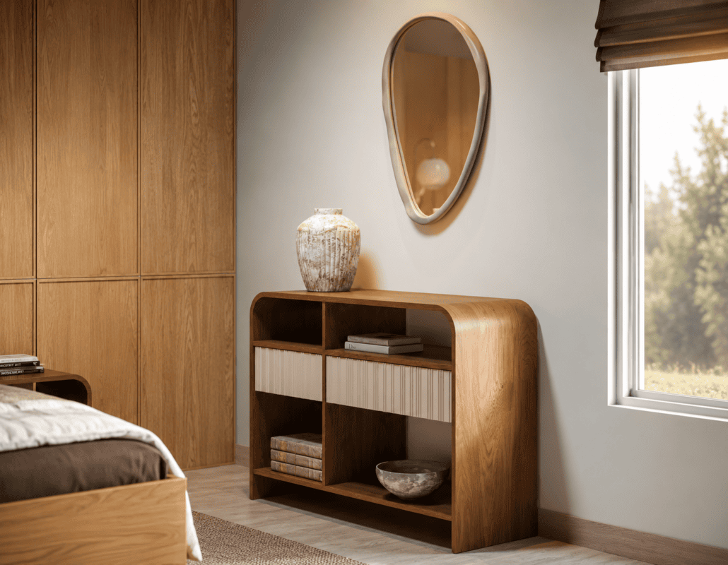 Walnut dresser cabinet with curved edges for bedroom