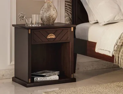 Elegant wooden nightstand featuring a brushed brass handle and rich walnut finish.