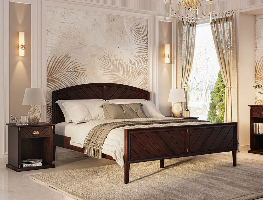 Premium wooden bed featuring decorative panel detailing