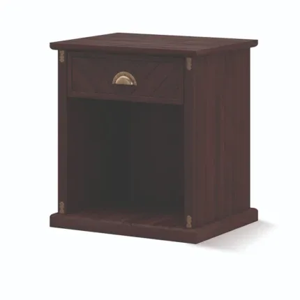 Luxury walnut bedside table with drawer and open shelf beside a classic wooden bed.
