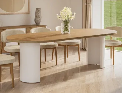 Luxury wooden dining table with an oval design for modern dining spaces.