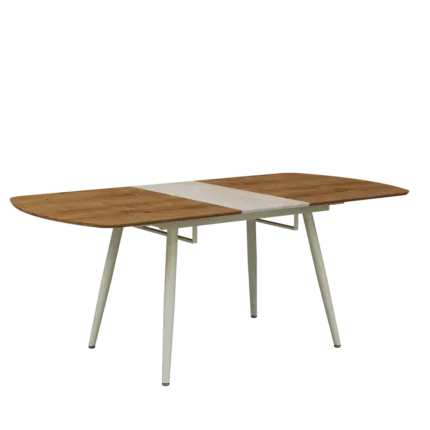 Modern 4-seater wooden dining table with beige upholstered round-back chairs.