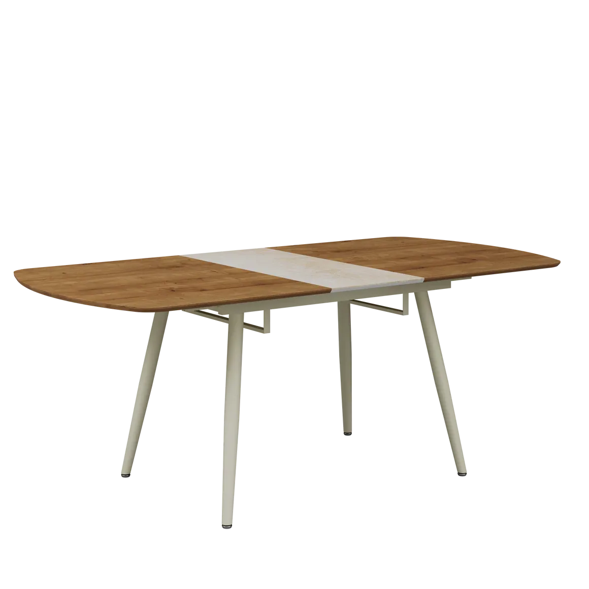 Modern 4-Seater Wooden Dining Table Set with Beige Upholstered Chairs Modern 4-seater wooden dining table with beige upholstered round-back chairs.