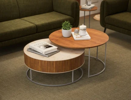 Modern Round Nesting Coffee Table Set with Marble and Wood Finish