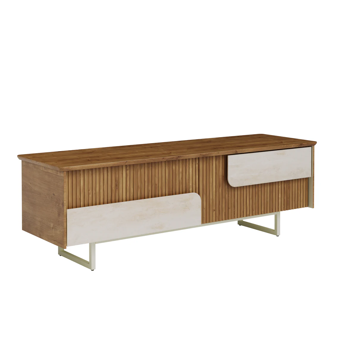 Como Modern TV Unit | Fluted Wooden Entertainment Console Walnut TV entertainment console with marble-look drawers