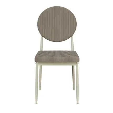 Modern round-back upholstered dining chair with beige textured fabric and cream metal legs beside a wooden dining table.