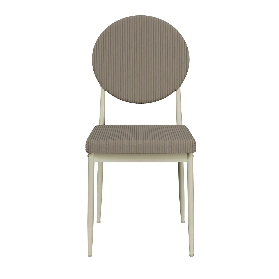 Modern Round-Back Upholstered Dining Chair | Contemporary Fabric Dining Chair Modern round-back upholstered dining chair with beige textured fabric and cream metal legs beside a wooden dining table.
