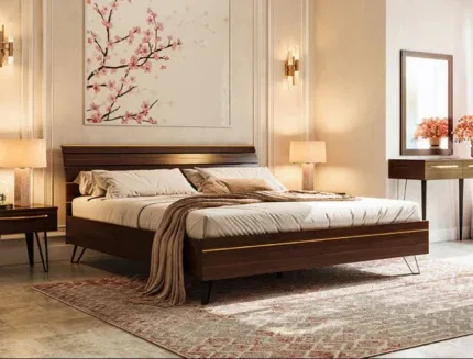 Luxury walnut wooden bed frame with modern panel headboard