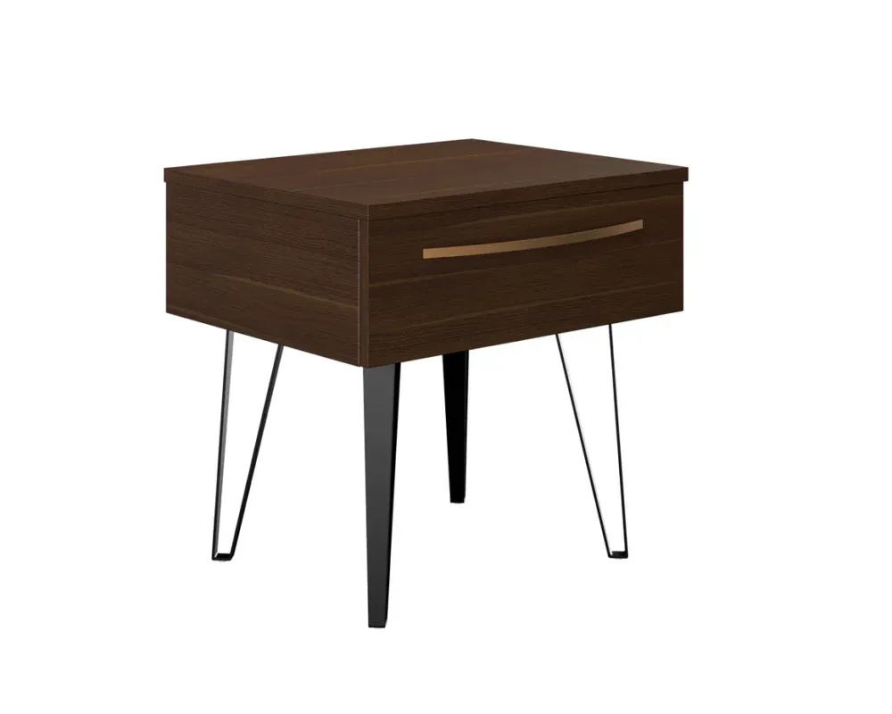 Luxury walnut bedside table with a spacious drawer and gold handle beside a modern bed.