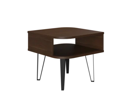 Modern walnut side table with black metal legs