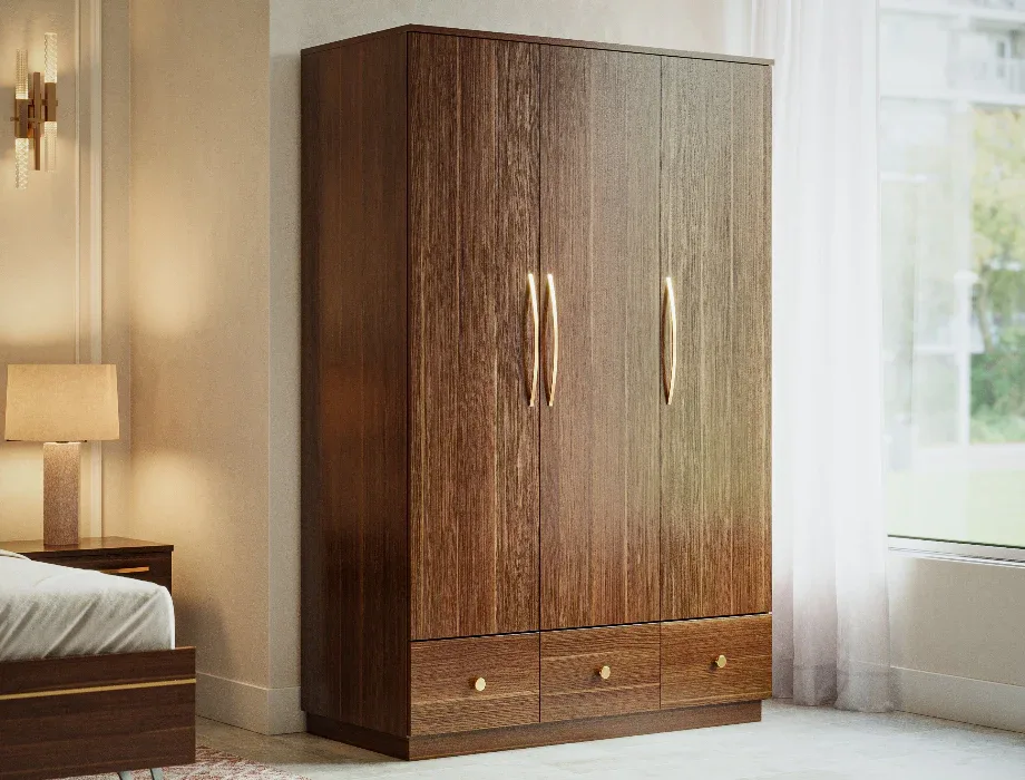 Cresta Grand 3-Door Wooden Wardrobe with 3 Drawers | Modern Bedroom Storage Cabinet Large Wooden Wardrobe with Three Drawers