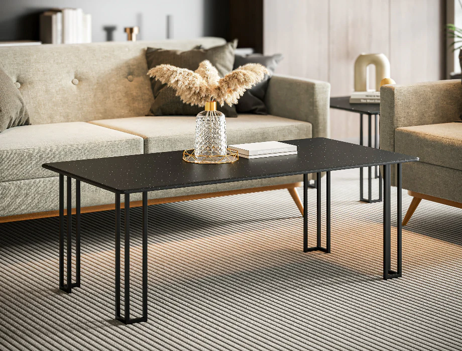 Modern Black Coffee Table with Metal Frame – Contemporary Living Room Center Table Rectangular coffee table with metal legs