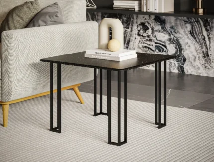 Ebony black stone side table with metal frame