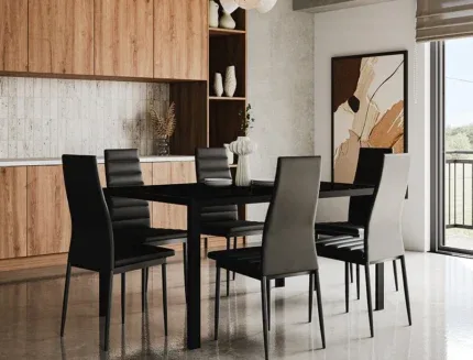 Contemporary wooden dining table with six high-back cushioned chairs for modern homes.