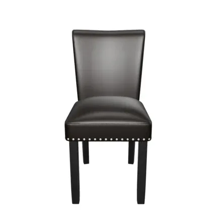 Modern faux leather dining chair with decorative nailhead trim and black wooden legs beside a contemporary dining table.