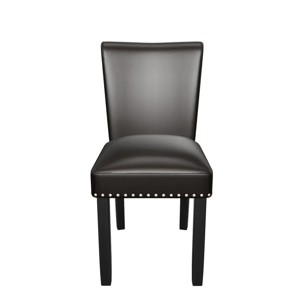 Modern Faux Leather Dining Chair with Nailhead Trim | Upholstered Dining Chair Modern faux leather dining chair with decorative nailhead trim and black wooden legs beside a contemporary dining table.