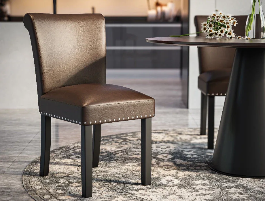 Modern Faux Leather Dining Chair with Nailhead Trim | Upholstered Dining Chair Elegant upholstered dining chair featuring a curved high back, padded seat, and bronze faux leather finish.
