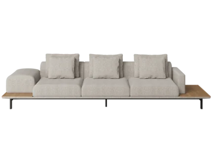 Elvo modern fabric sofa set with wooden base in a contemporary living room