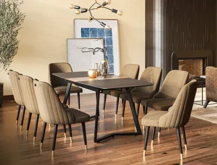 Luxury rectangular dining table with six fabric dining chairs