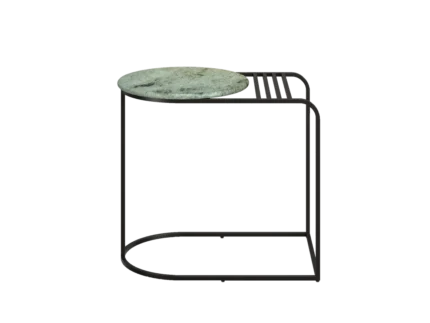 Space-saving C-shaped end table with magazine holder and marble finish for modern homes