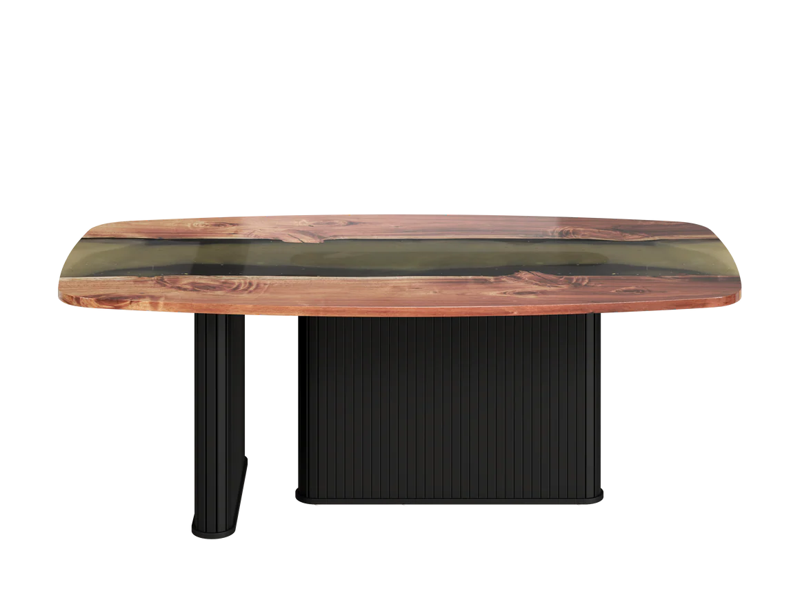 Modern Live Edge Resin Coffee Table with Fluted Black Base | Luxury Wooden Center Table Modern live edge resin coffee table with black fluted base