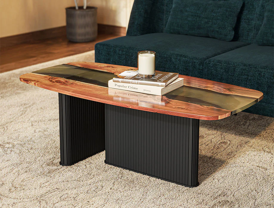 Modern Live Edge Resin Coffee Table with Fluted Black Base | Luxury Wooden Center Table Premium epoxy resin river center table
