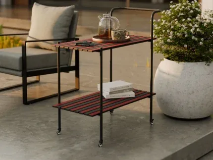 Contemporary rolling serving cart with two trays and a wooden shelf, ideal for tea, coffee, and dining essentials.