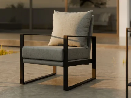 Modern outdoor patio furniture set with metal frame and grey cushionsModern outdoor patio furniture set with metal frame and grey cushions