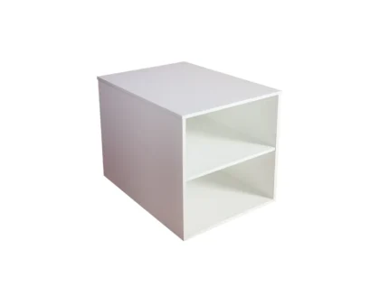 Minimalist white end table with open shelving