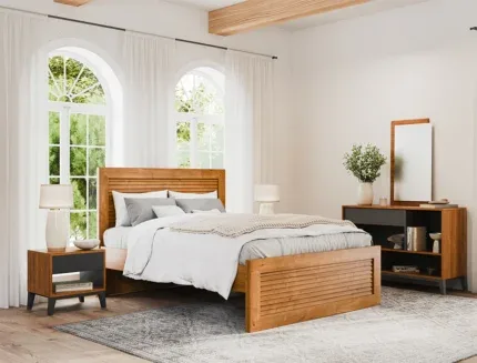 Fin Wooden Bed Set with natural oak finish, bedside table, and dressing console in a modern bedroom.