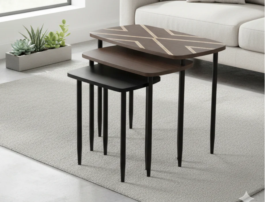 Modern 3-Piece Nesting Coffee Table Set with Wooden Top & Black Metal Frame Space Saving Wooden Coffee Table Set with Metal Frame